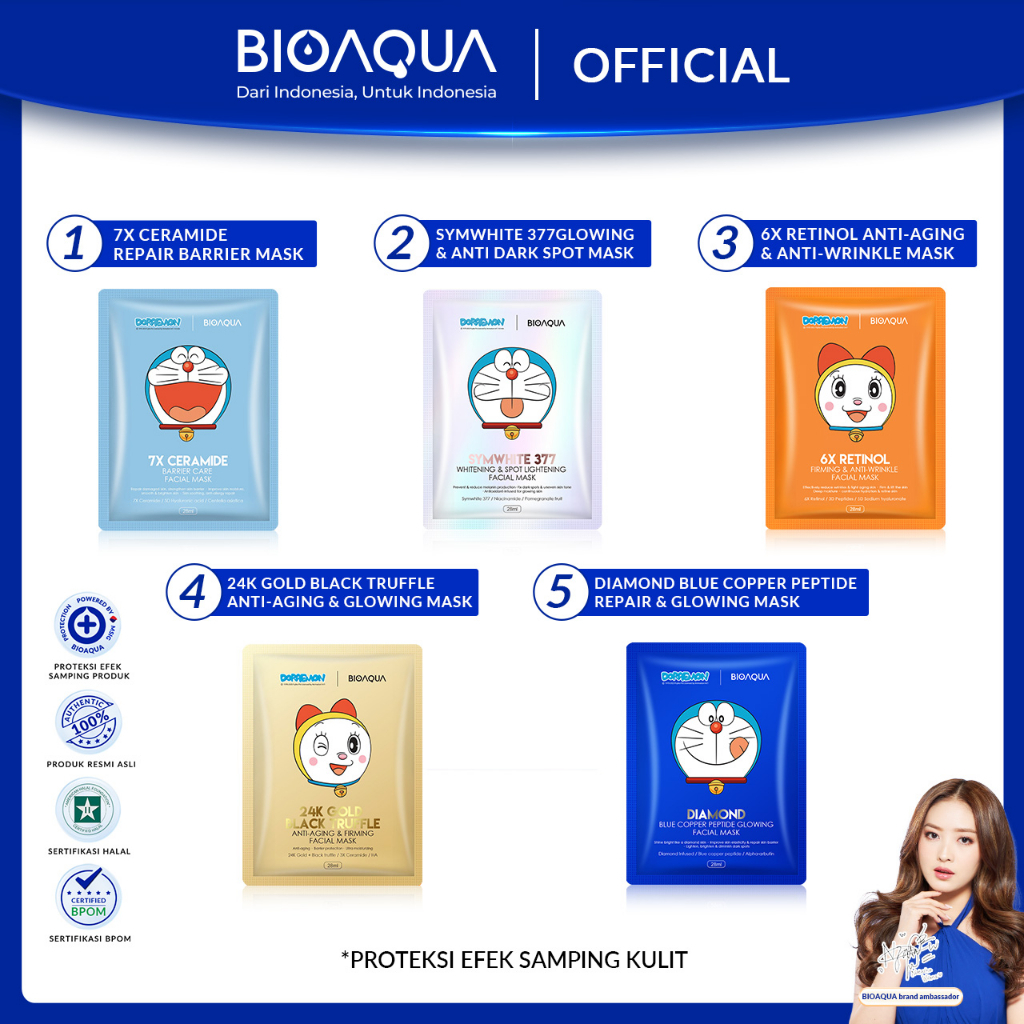 BIOAQUA x DORAEMON Sheet Mask Masker Wajah BPOM 28 ml Diamond Blue Copper Peptide Glowing / 24K Gold