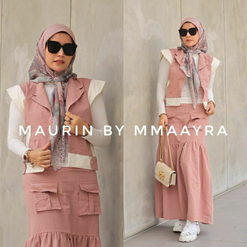 maurin by mmaayra setelan blazer crop dan rok free inner bahan linen crepe ootd hijab baju wanita se