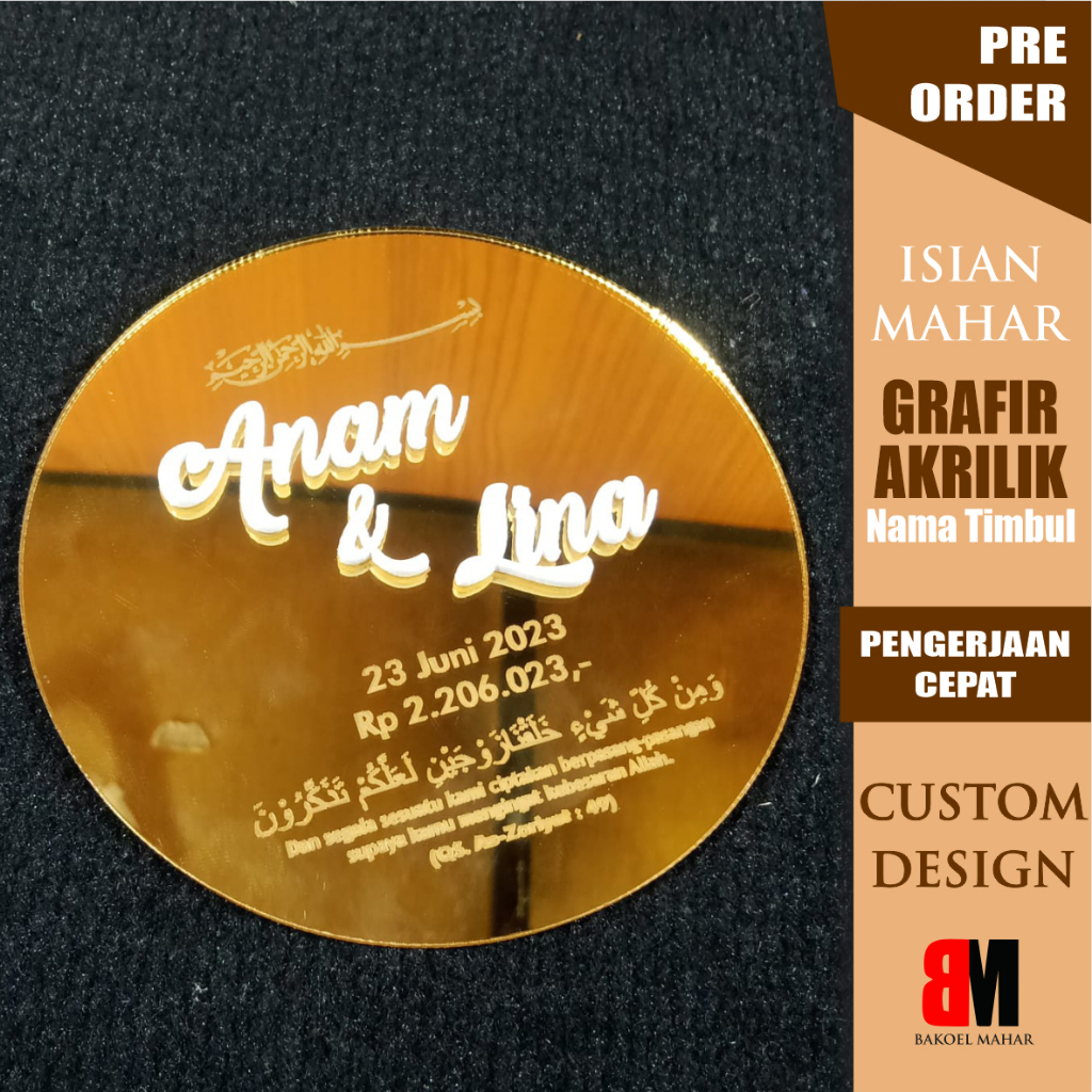 AKRILIK BULAT GRAFIR NAMA TIMBUL UNTUK MAHAR