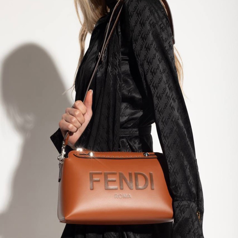 Fendi By The Way BTW Small / Medium Leather Boston Bag with Hot Stamped Fendi Roma Logo