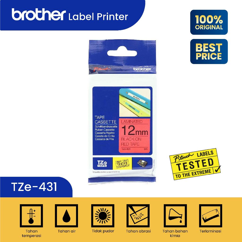 

Brother Label TZE-431 12mm x 8m Black On Red Laminated Tape TZE431