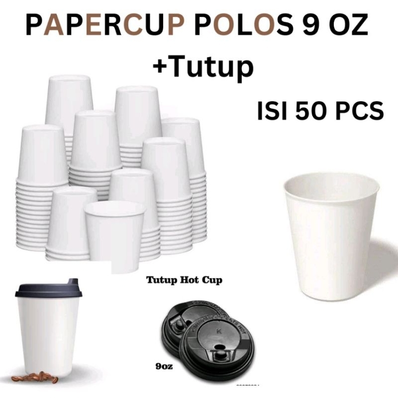 PaperCup Polos+Tutup Paper Cup Polos 9oZ, Gelas Kertas, Gelas Kopi, Cup Kertas