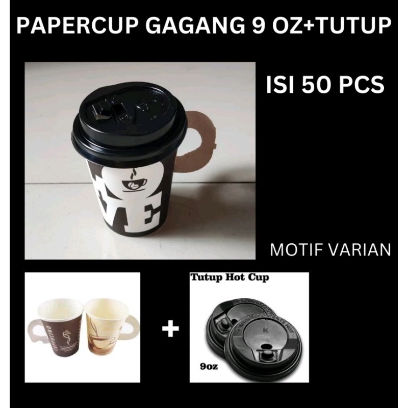 PaperCup Kuping / Gelas Kertas Gagang + Tutup (Isi 50Pcs), Paper Cup, Gelas Kertas, Gelas Kopi
