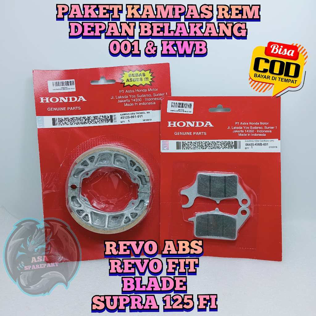 PAKET KAMPAS REM BELAKANG 001 & DEPAN KWB Motor Honda Absolute REVO ABS , REVO FIT , BLADE, SUPRA X 