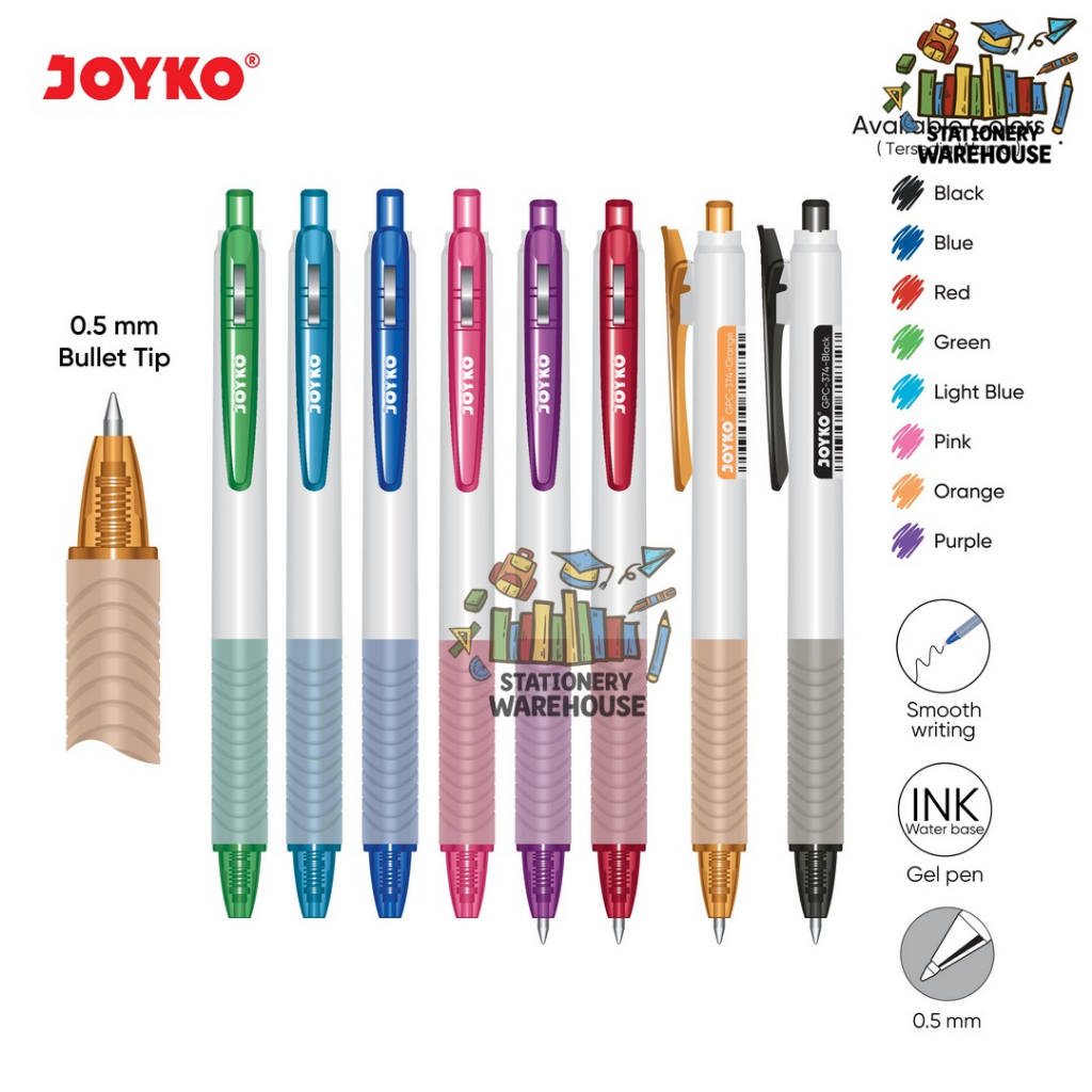 

Color Gel Pen Pulpen Pena Jel Warna Joyko GPC-374 0.5 mm Black , Blue , Red , Green , Light blue , Pink , Orange , Purple