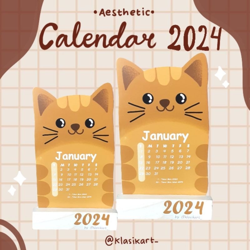 Kalender Aesthetic 2024 Kucing Lucu + Kayu Penyangga READY