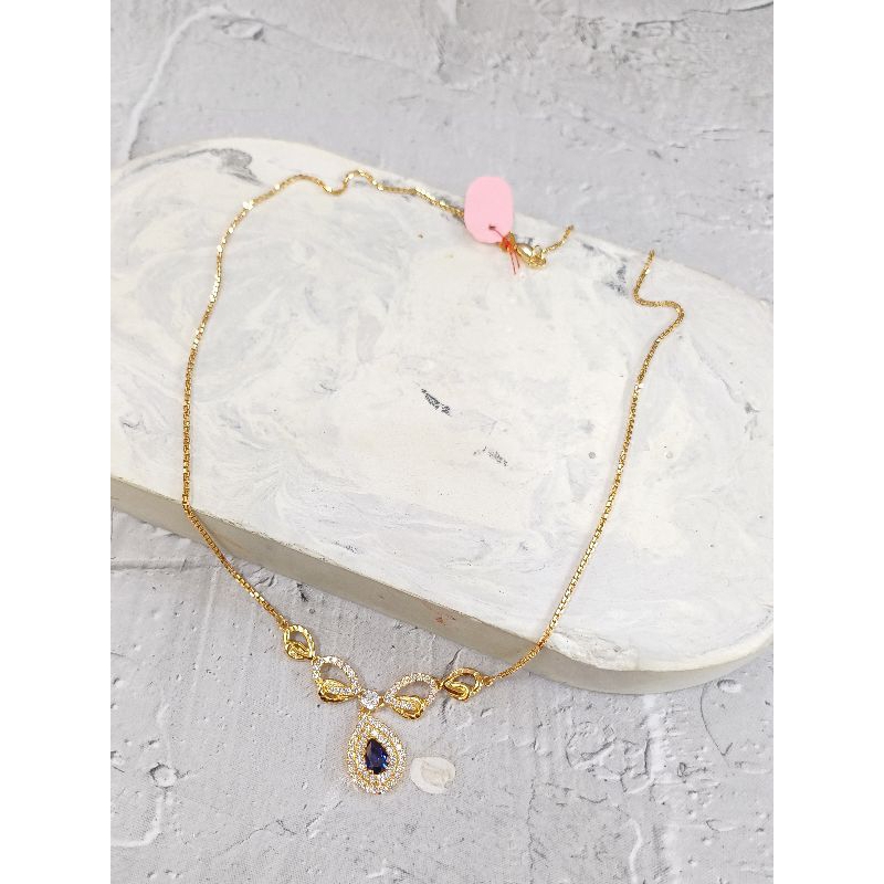 Kalung koyek batu biru cor mata full Emas Asli 9K