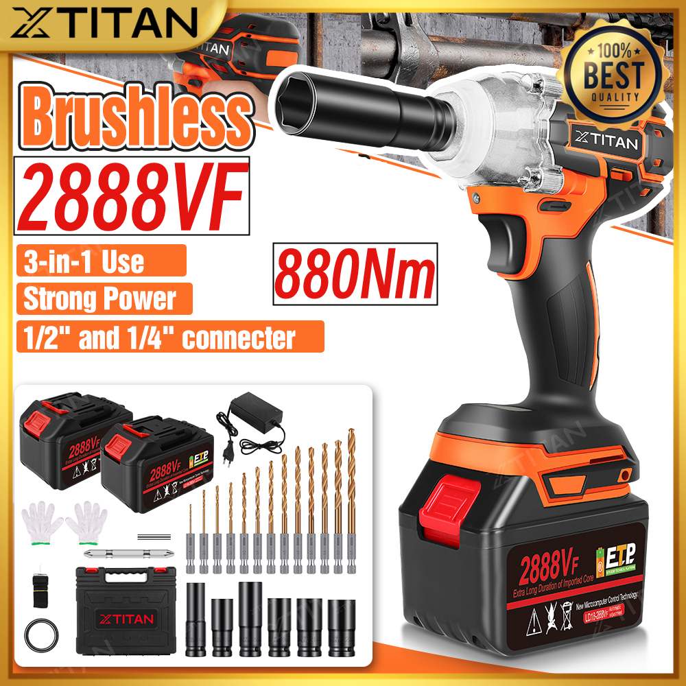 【COD】3IN1 XTITAN 2888V/988V/688VF 880NM Brushless Kunci Impact Kunci Bor Elektrik Cordless Impact Wr