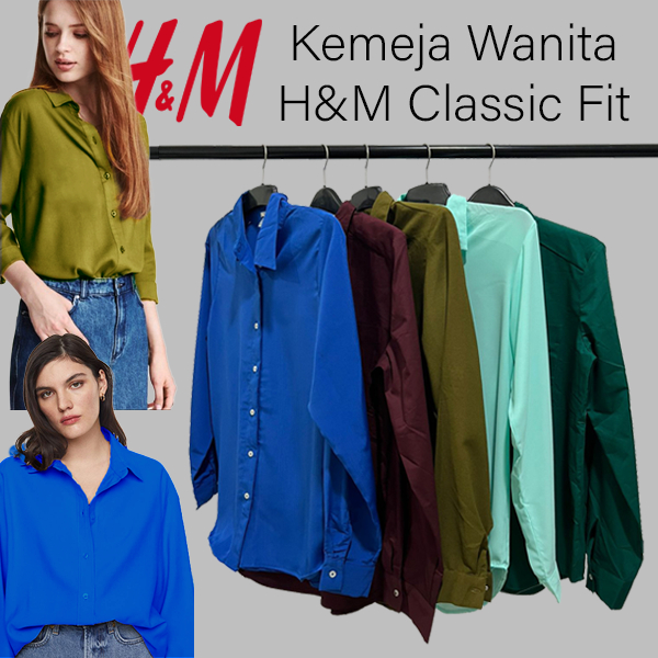 Kemeja Lengan Panjang Wanita [HM Long Sleeved Basic Fit] Blouse Kameja Kerja Cewek Motif Polos