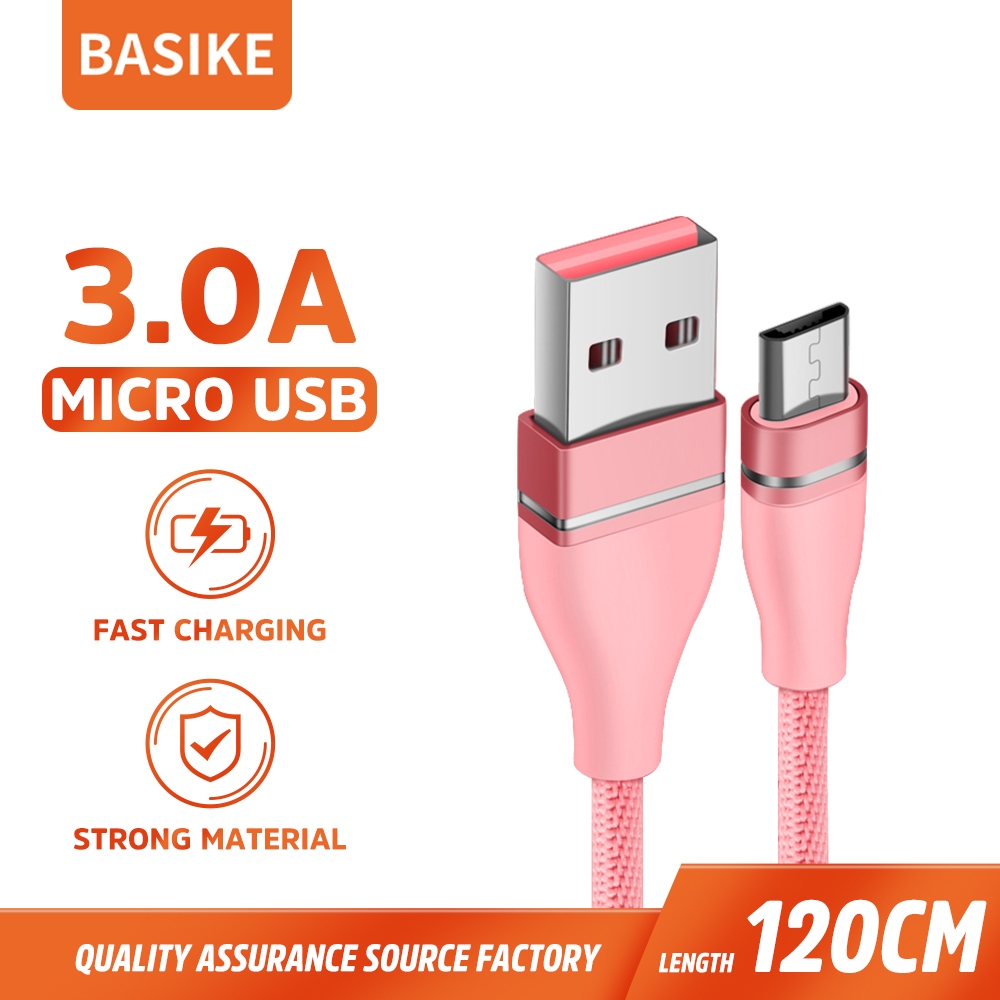BASIKE Kabel Data Android Micro USB Charger Adaptor Fast Charging 3A for Xiaomi Vivo Oppo handphone Macaron warna-warni kuat dan tahan lama