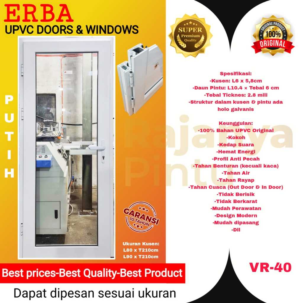 Pintu Utama/Pintu Kamar/Pintu Kantor UPVC-ERBA Super Premium-VR 40-Putih