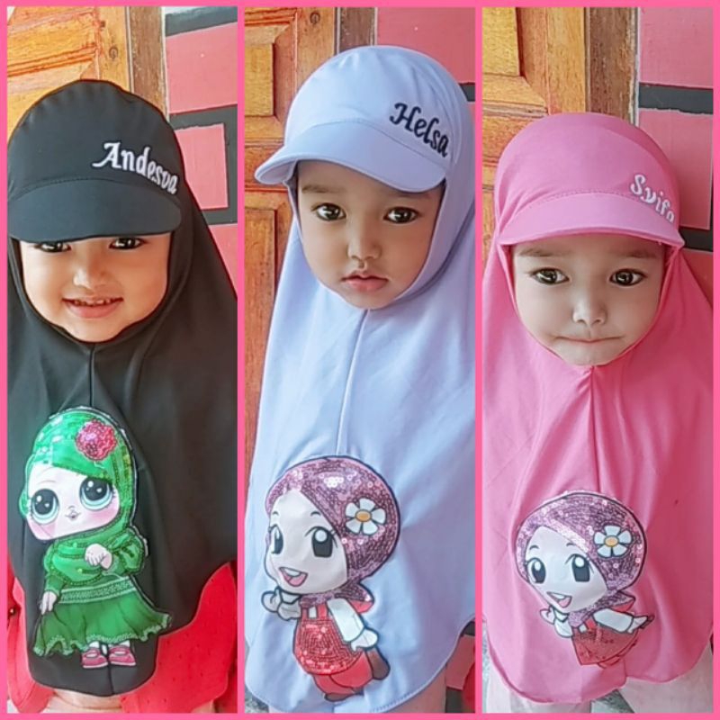 Hijab Topi Anak JILBAB TOPI JILBAB ANAK TOPI KERUDUNG TOPI ANAK HIJAB NAMA bahan kaos pe jadi mudah nyerap keringat