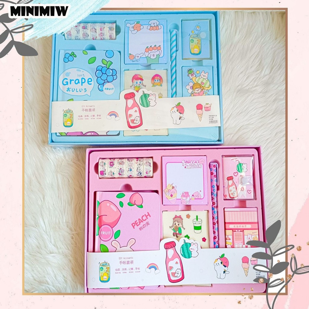 

Paket jurnal 7 in 1 Peach dan Anggur Free Box (solatip buku mini kertas bintang sticky notes sticker sheet pulpen) by minimiw