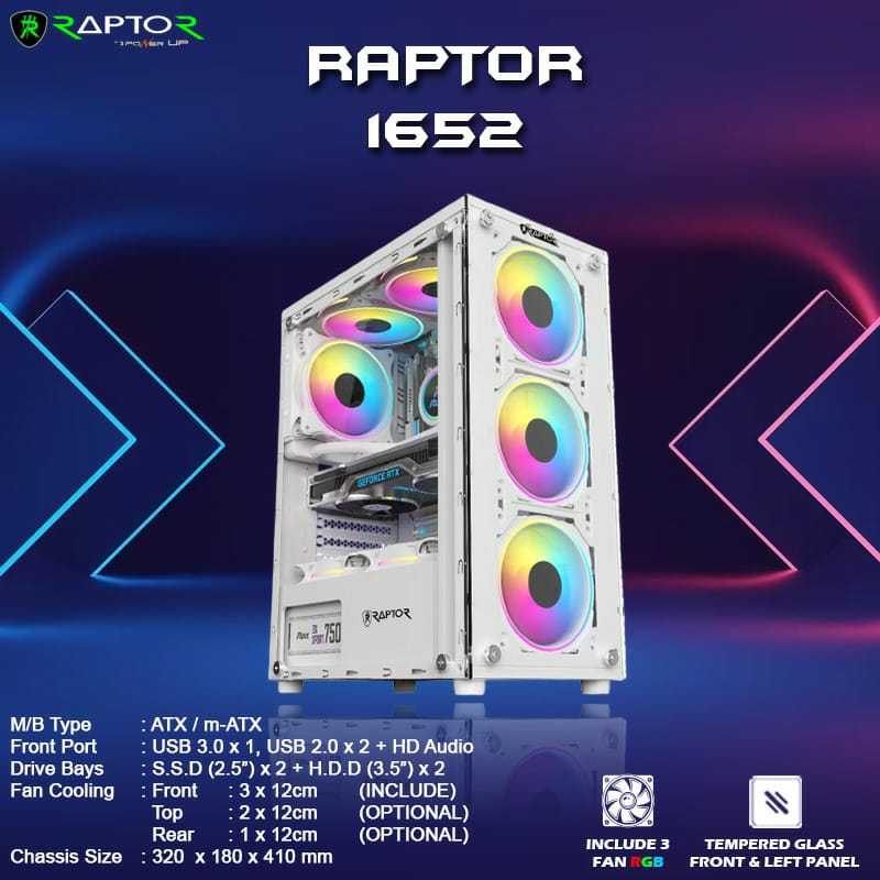Casing PC Gaming Power Up Raptor 1652 WHITE with 3 FAN LED ATX