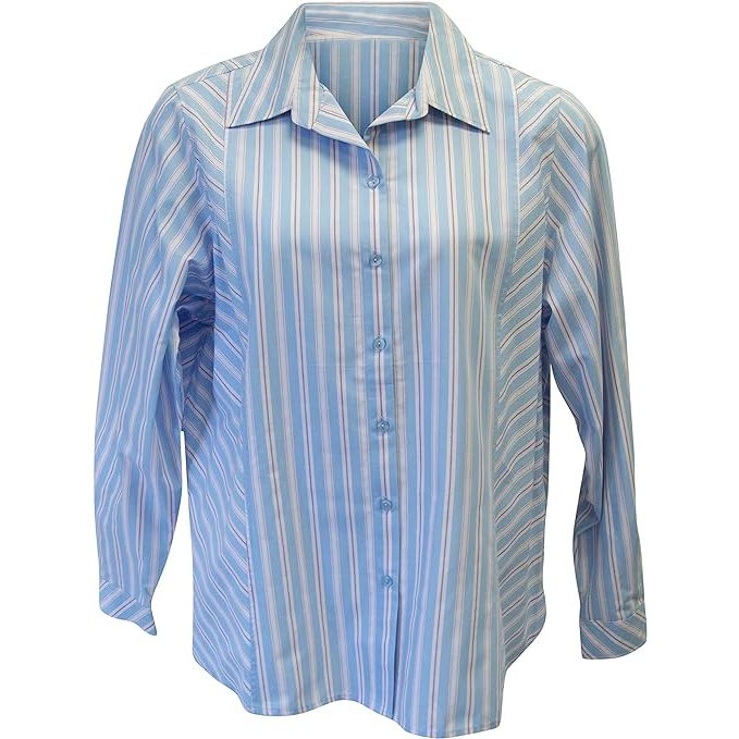 Kemeja CDL Lengan Panjang Wanita Garis Garis Biru Pastel Kualitas Tidak Panas