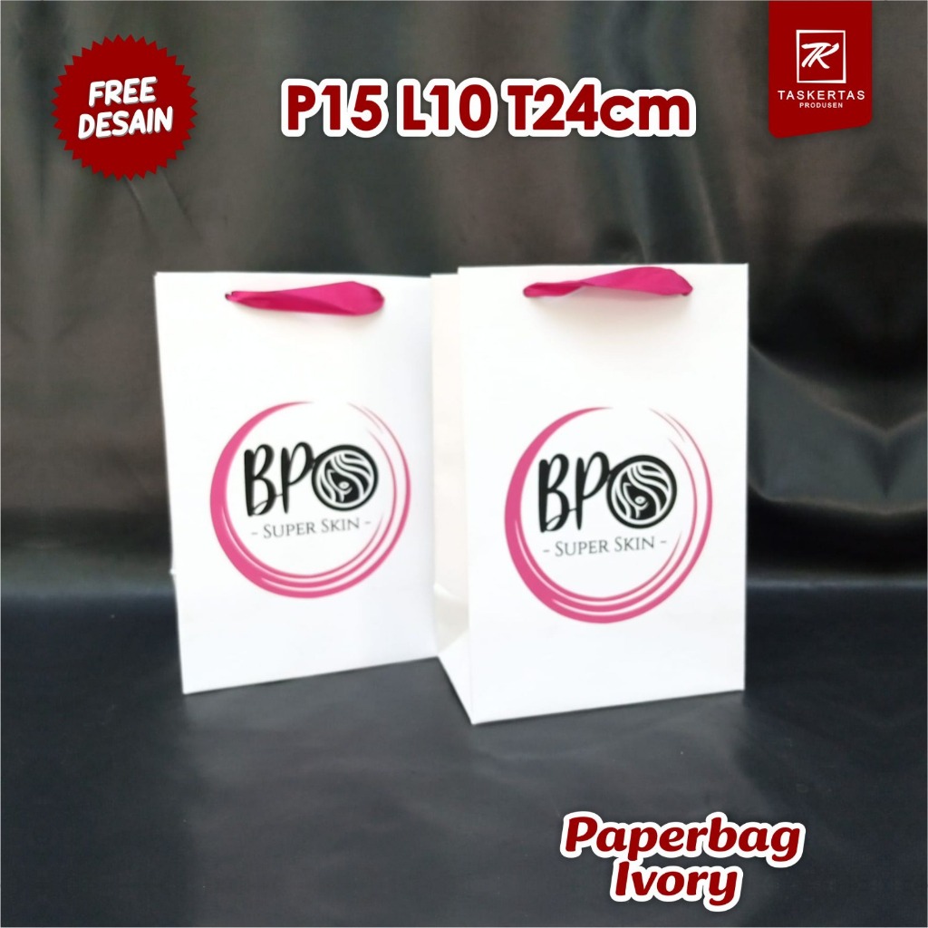 

Paper Bag Skincare 15*10*24 Bahan Kertas Ivory Dengan Sablon Free Desain