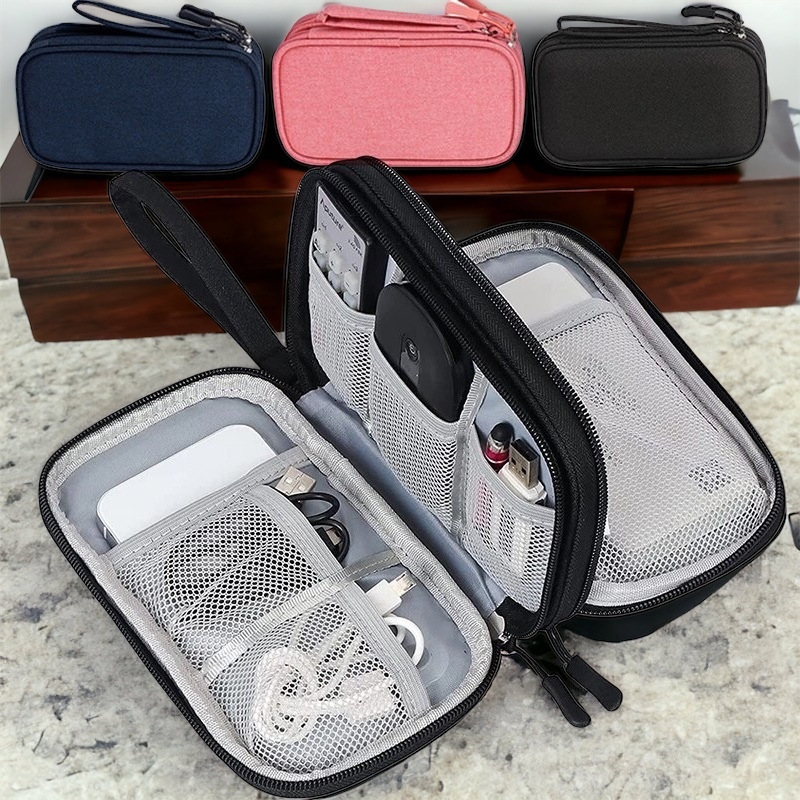 Travel Organizer Pouch Double Layer / Tas Gadget 2 Layer Powerbank Hanphone Kabel Charger Besar Waterproof