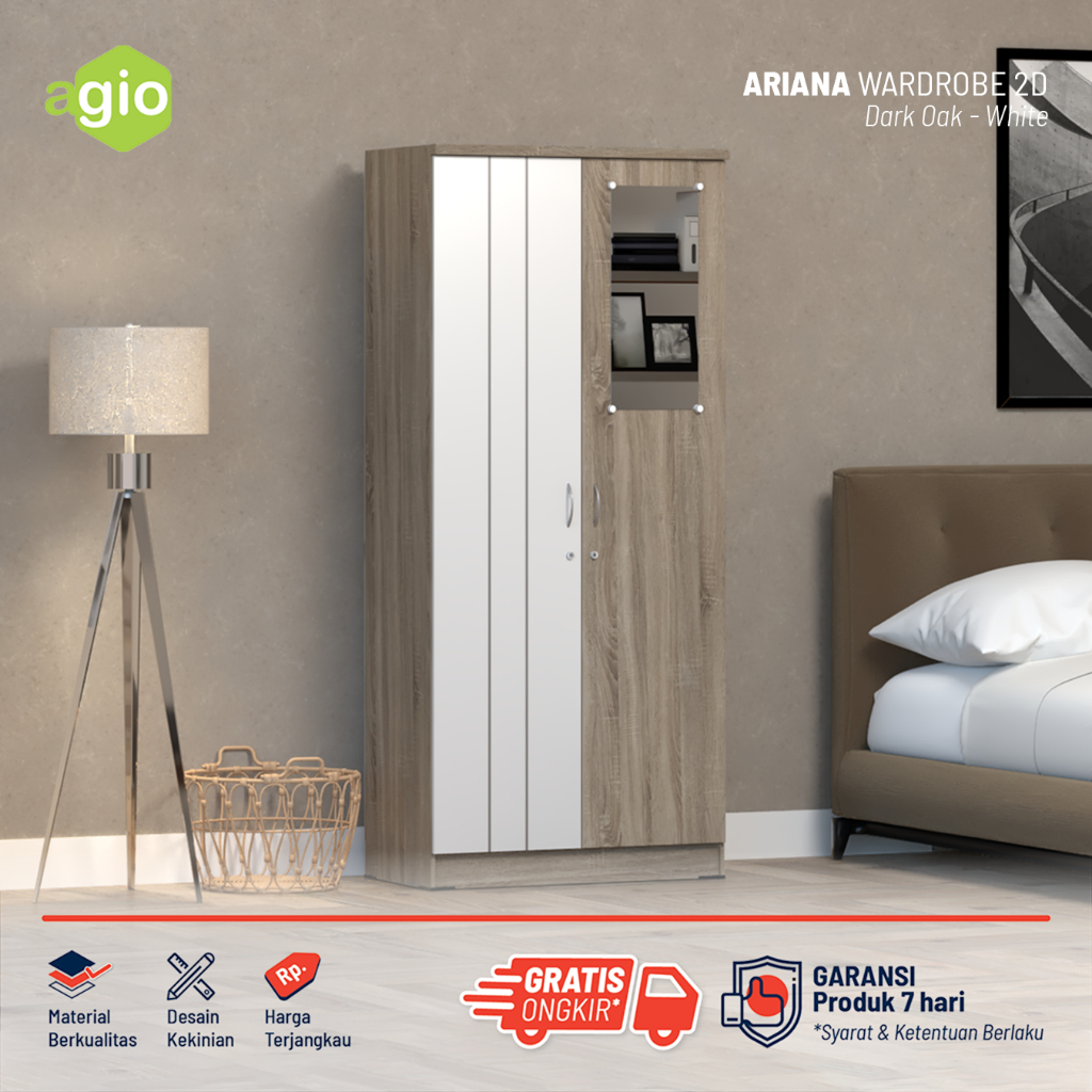 Oggi - Lemari Pakaian 2 Pintu Gantung / Lemari Baju Minimalis Satu Orang / Lemari 2 Pintu Full Kaca 