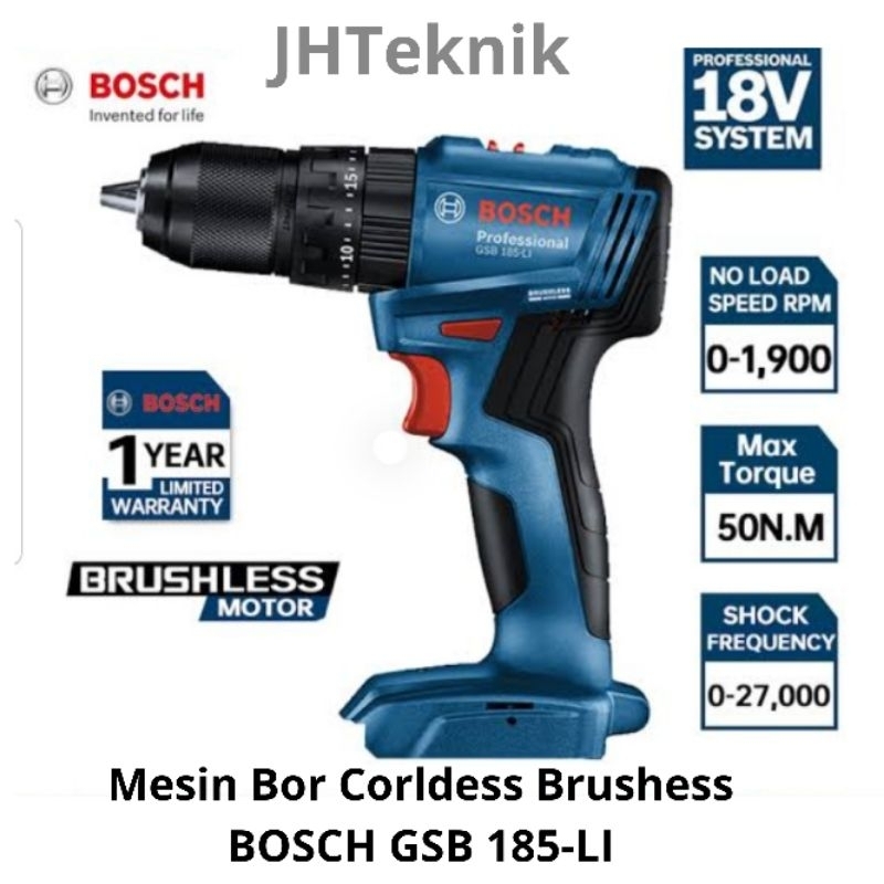 JHTeknik Mesin Bor Cordless Baterai 18V BRUSHLESS BOSCH GSB 185-LI ASLI ORIGINAL 100%