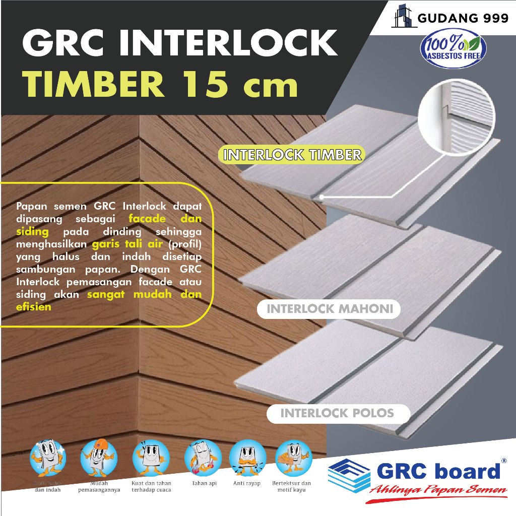 GRC Timber Interlock 15 cm / Wall Siding / Dinding Urat Kayu Tali Air