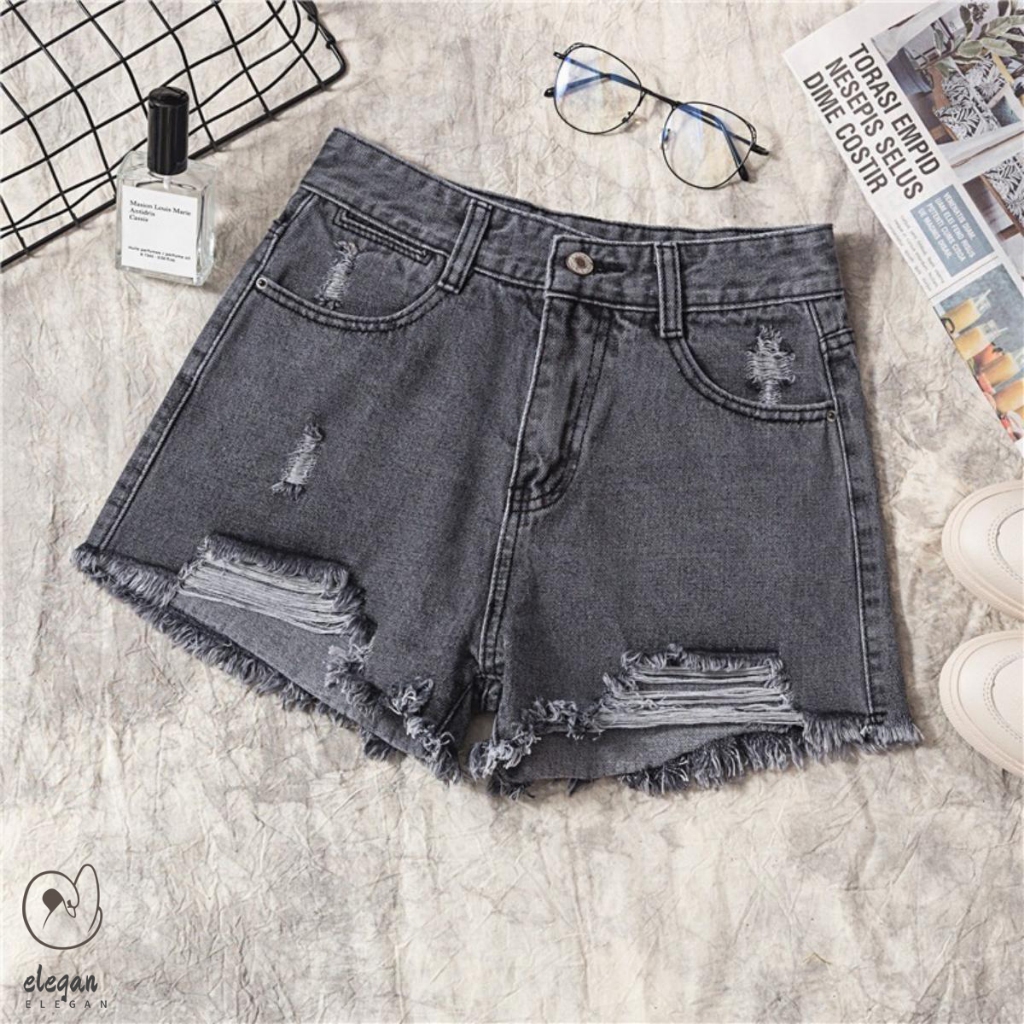 < elegan.girl > celana jeans pendek wanita jeans sobek pendek jumbo korea kekinian celana high waist