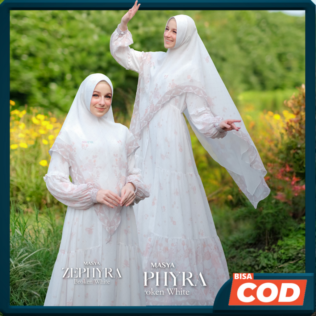 Set Gamis Dress Ceruty Babydoll Printing Premium Syari Warna Putih Broken White Mewah Masya Syari Or