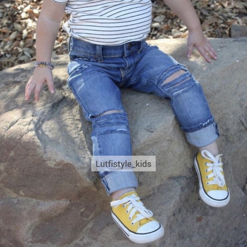 Celana Jeans Anak Perempuan Sobek Lutut Warna Biru Tua Darkblue Soft Stretch Denim Ripped Sobek Ukur