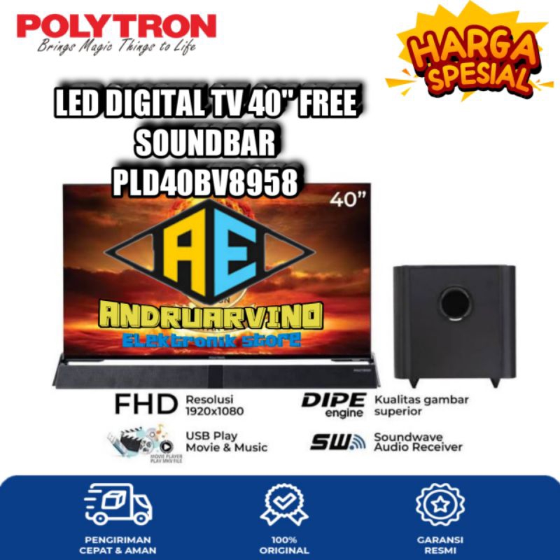 LED TV POLYTRON PLD 40BV8958 40BV8958 40 INCH DIGITAL TV FRAMELESS FREE SPEAKER SOUNDBAR