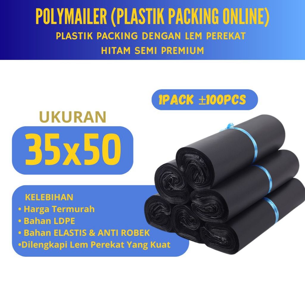 

Plastik Packing Polymailer Ukuan 35X50 Isi 100Pcs Ekonomis Hitam Glossy | Kantong Plastik Olshop Termurah Lem Kuat Tidak Mudah Sobek