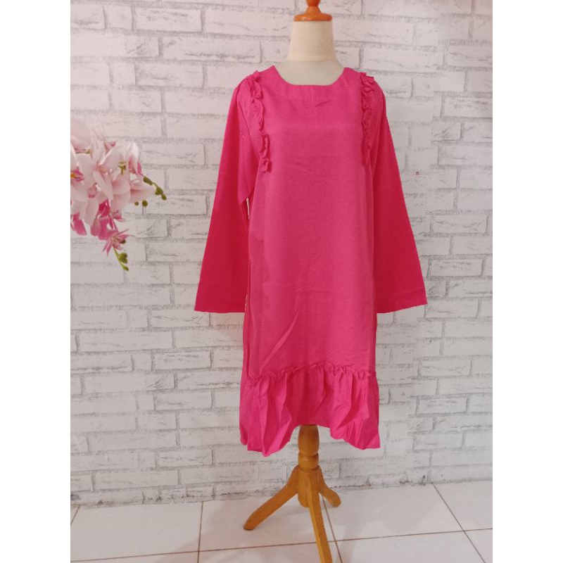 blouse tunik polos pink/tunik polos pink/Blouse pink rumbai