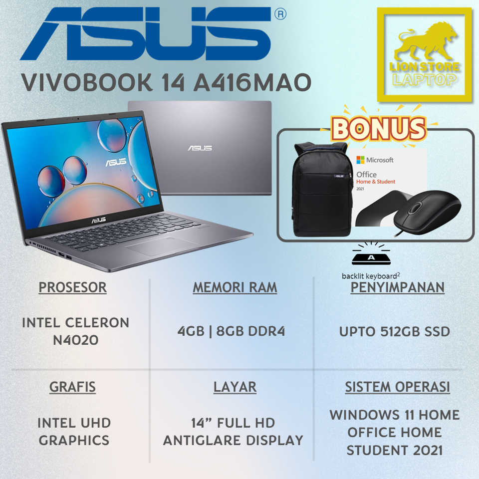 LAPTOP SEKOLAH MURAH ASUS VIVOBOOK A416MAO INTEL CEL N4020 RAM 8GB SSD 512GB FHD OFFICE ORIGINAL GAR