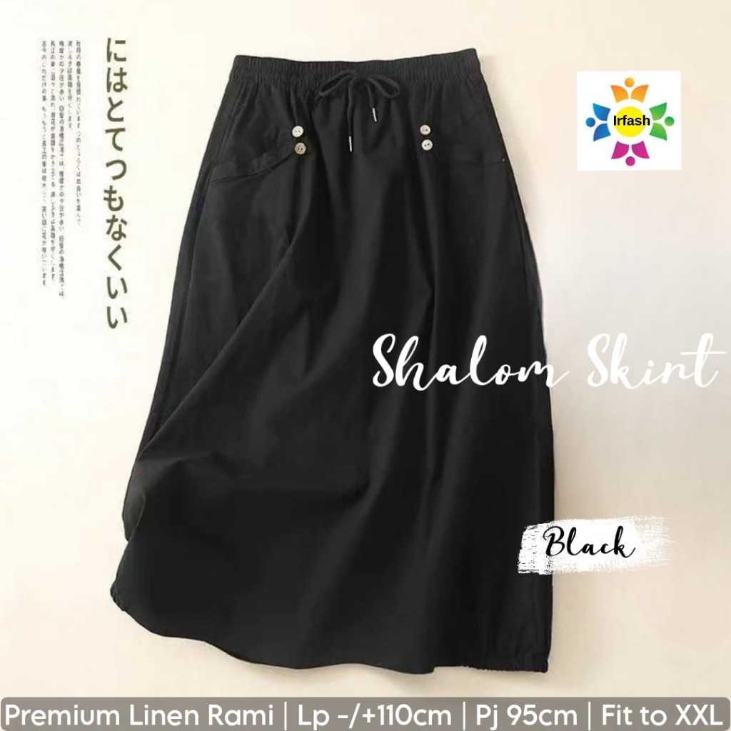 shalom-black skirt rok linen lp 110  pakaian baju bawahan polos casual panjang pinggang karet korean