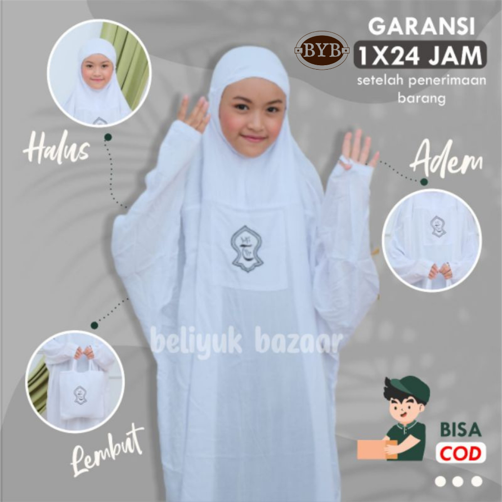 Mukena Anak Remaja Hadramaut Terusan Bali Terompah Polosan Warna Mukenah  Jumbo Rayon 5 Warna Putih