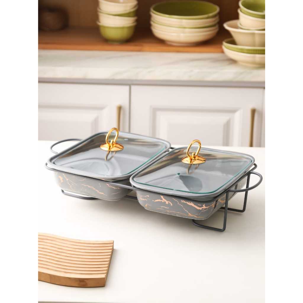 Thiba Thiba Collection- Wadah Sayur Saji Keramik Susun 2 Set Motif Marble Cantik Estetik