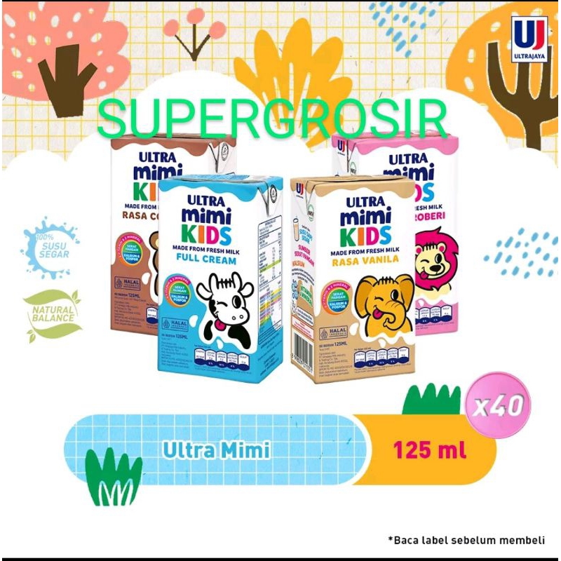 

SUSU ULTRA MIMI KIDS 125 ML 125ML DUS KARTON / ULTRA MIMI KIDS UHT FULLCREAM COKLAT STROBERI VANILA (1DUS ISI 40PCS)