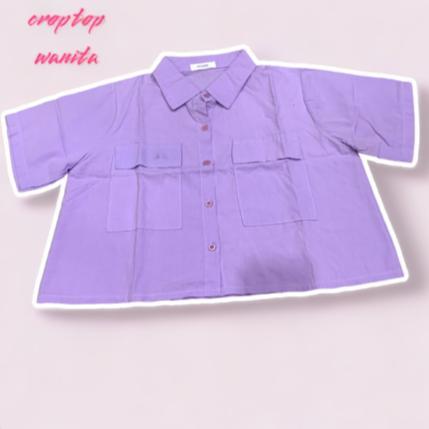 BLOUSE KEMEJA POCKET CROP TOP LILAC ATASAN WANITA KOREA