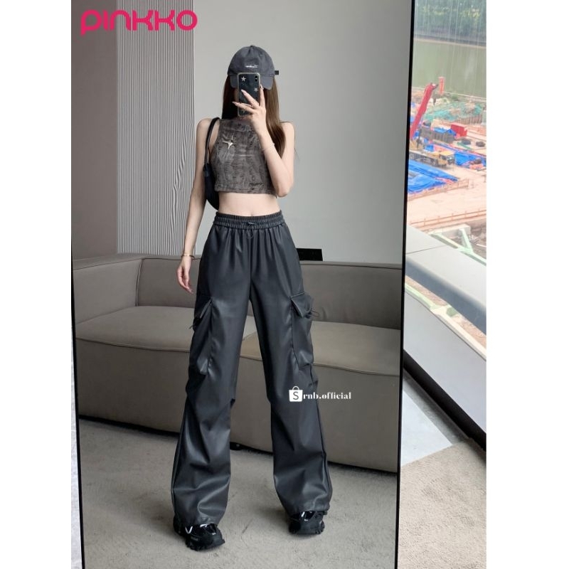 Celana kulit cargo wanita koreaan,celana hitam panjang cargo koreaan terbaru