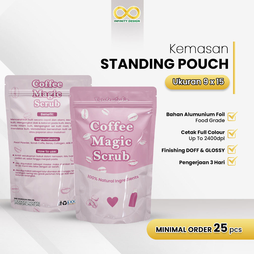 Infinity Design - Cetak Kemasan Standing Pouch Ukuran 9x15 Untuk Kemasan Permen, Teh