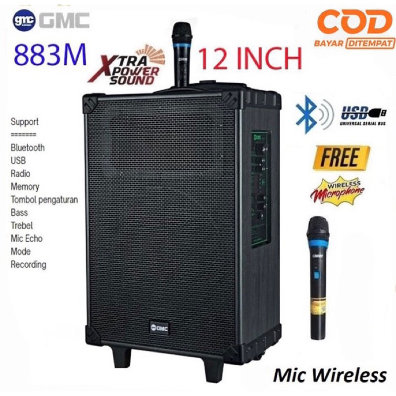 SPEAKER PORTABLE BLUETOOTH GMC 883 M 883M 12in 12inch BONUS MIC WIRELESS