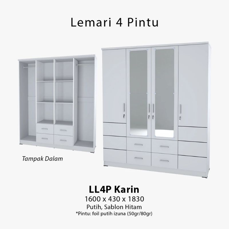 Lemari Pakaian 4 Pintu / Lemari Baju 4 Pintu Minimalis / Lemari Pakaian 4 Pintu Cermin Laci / Wardro