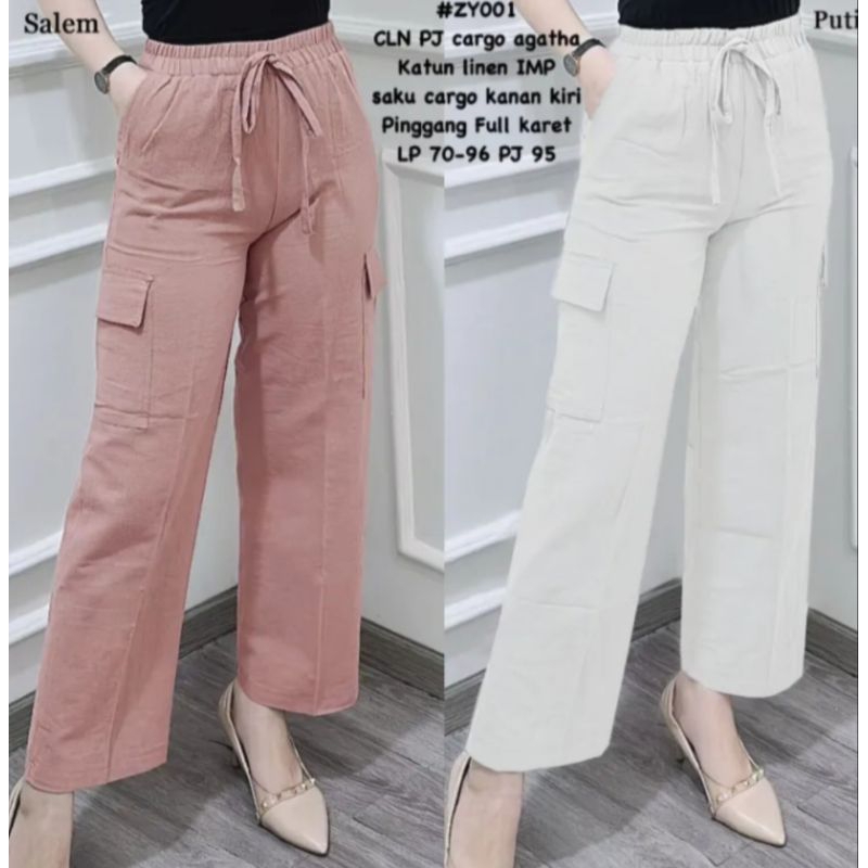 Highwaist Cargo Loose Pants Katun Linen Pinggang Karet