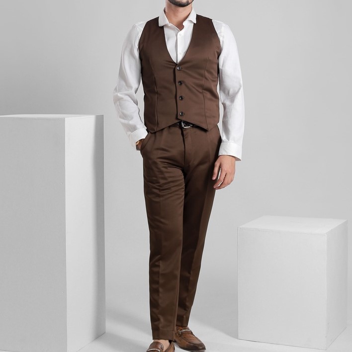3 In 1 Set Jas Pria Tuxedo Warna Coklat Setelan Jas Pria Formal Jas Blazer Rompi Vest dan Celana