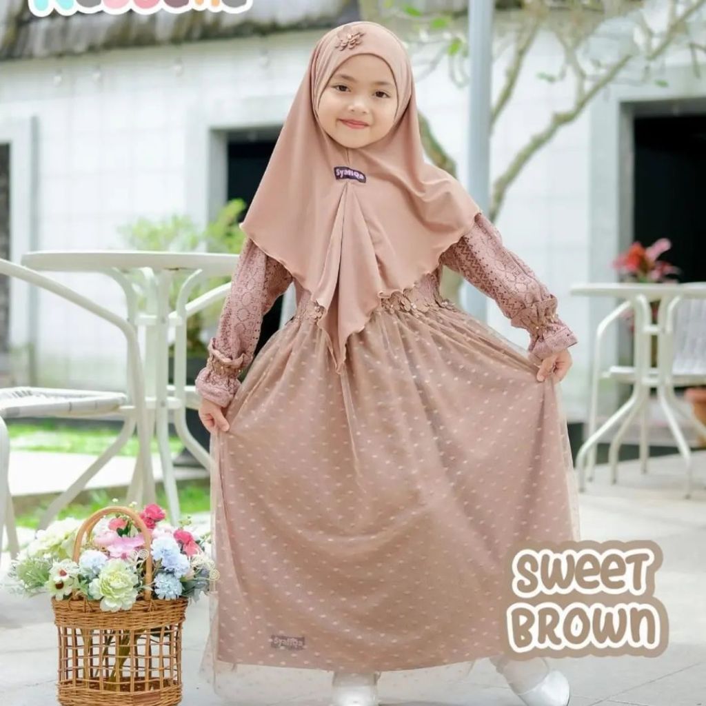 Dress + Jilbab  brukat anak umur 3-8thun mix tilledot lengan panjang terbaru - Gamis anak perempuan 