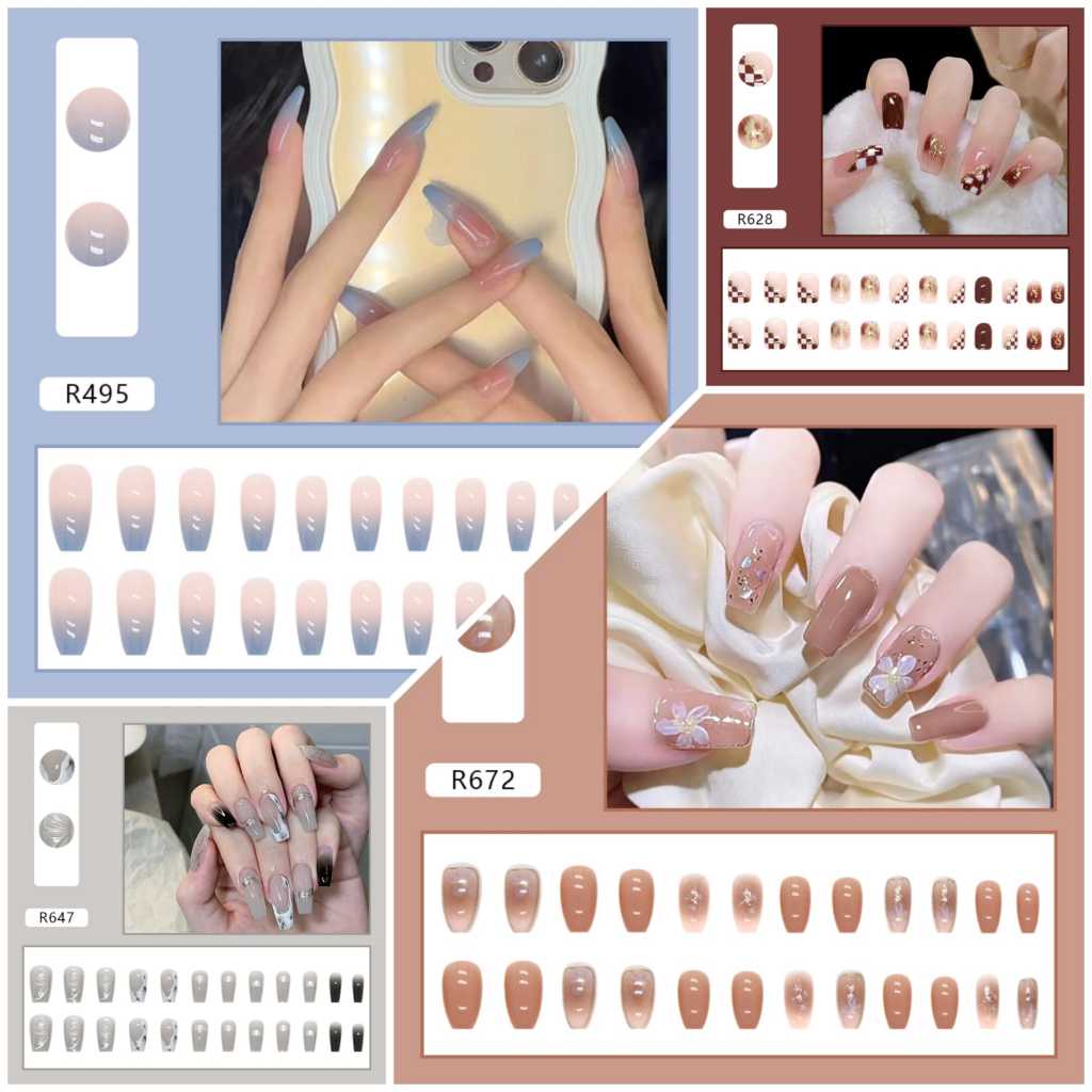 (FREE LEM) Fake Nails Art / Kuku Palsu Motif 24 pcs Super Best Seller Bagus