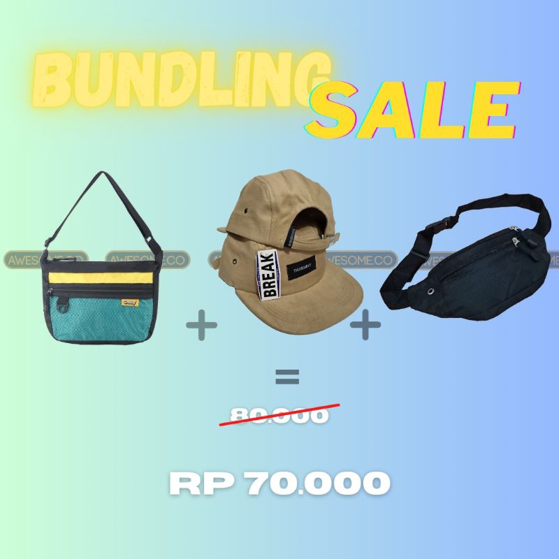 BUNDLING Sale Tas Selempang Jaring Groovy Topi 5 panel distro Waistbag Polos Hitam