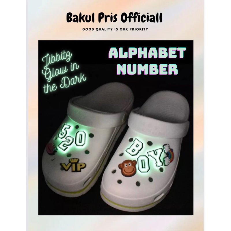 Bakul Pris Crocs Jibbitz Huruf Alphabet Angka Nyala Glow In the dark - Jibbitz Crocs Sanda Crocs Dew