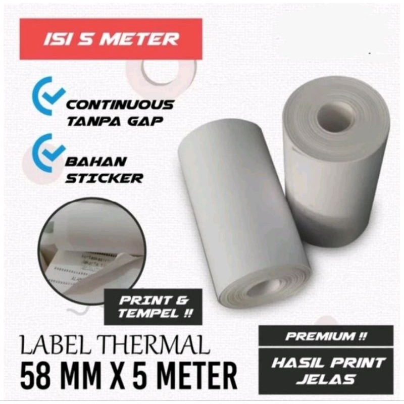 

Label stiker thermal 58mm x 5 meter/kertas sticker 58x30mm paket 10roll
