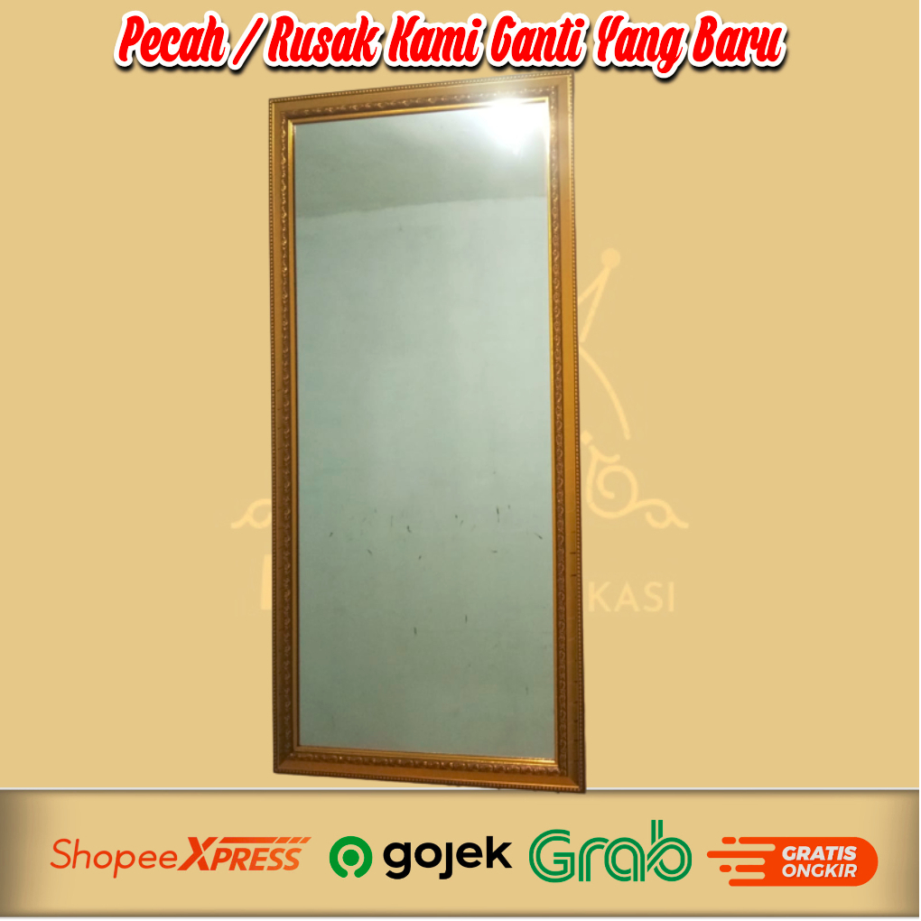 Kaca Cermin Dinding / Gantung Bingkai Corak Emas Ukuran 50 x 100 Cm Full Bingkai