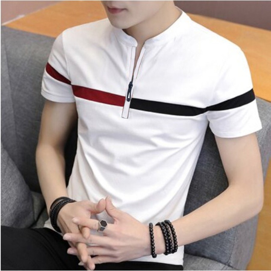 MENZONE - Kaos Polos Pria OMEGA Putih Lengan Pendek T-Shirt Pria Zipper Cotton 100% Original Distro