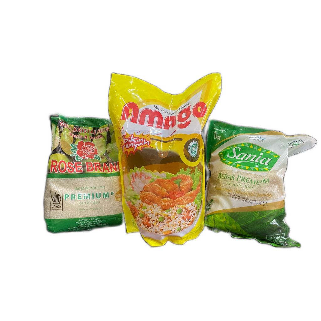 

paket sembako ( Minyak Goreng Amago 2L + Gula Rose Brand 1Kg + beras Sania 1Kg)